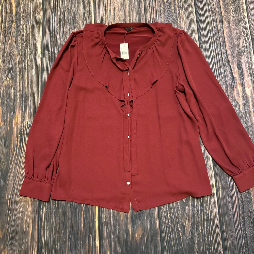 Ann Taylor Burgundy Ruffle Front Tie Neck Blouse Top Long Sleeve L Office Work